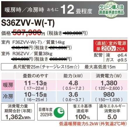 ダイキン床置形エアコン　S36ZVV