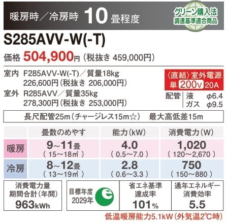 ダイキン床置形エアコンS285AVV
