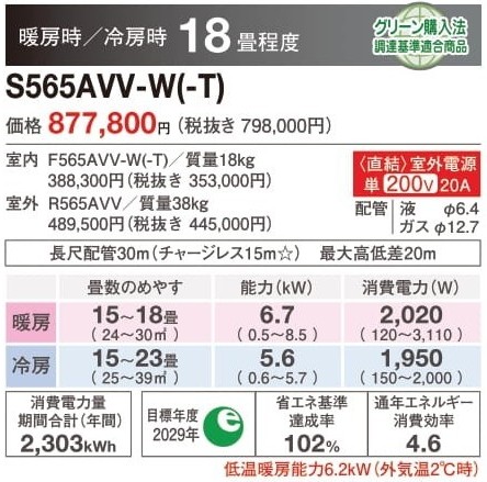 ダイキン床置形エアコンS565AVV